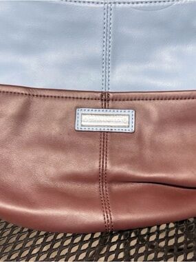 Soft Two-Tone Leather Shoulder Bag in Light Blue and Brown